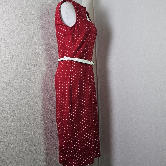 Unique Vintage Red and White Pencil Wiggle Cut Out Midi Dress W Belt SZ L Pin Up - Picture 5 of 15